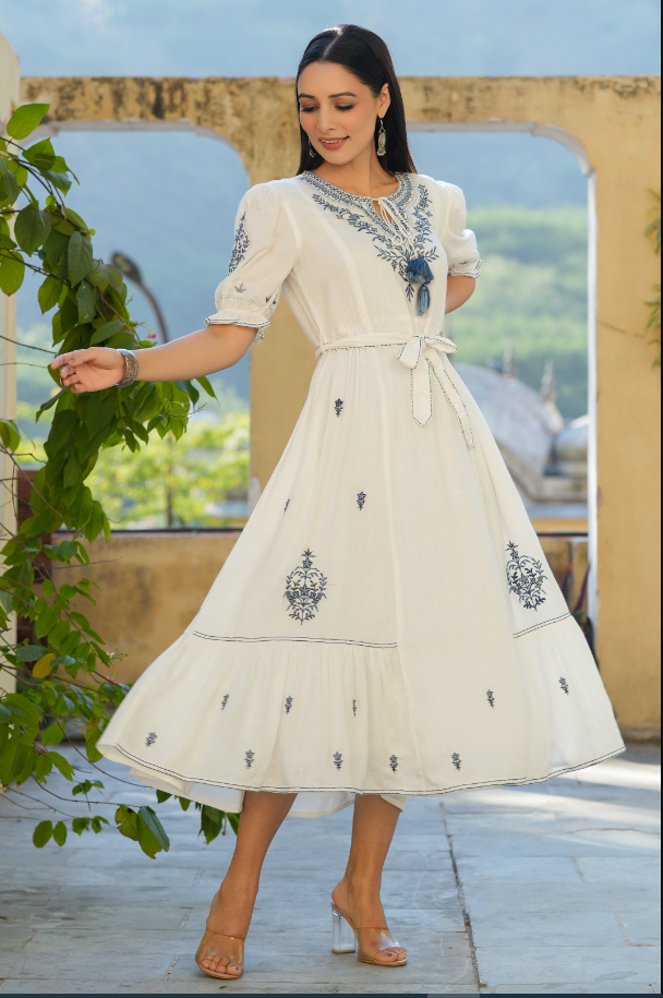 Women's White Rayon Slub Embroidered Maxi Flared Dress. - Juniper