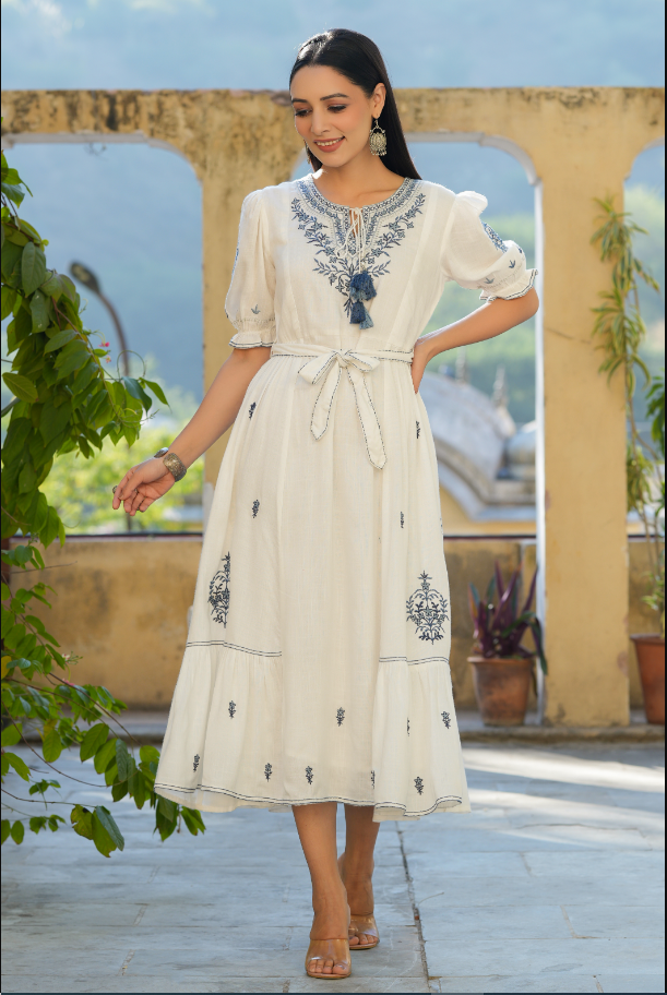 Women's White Rayon Slub Embroidered Maxi Flared Dress. - Juniper