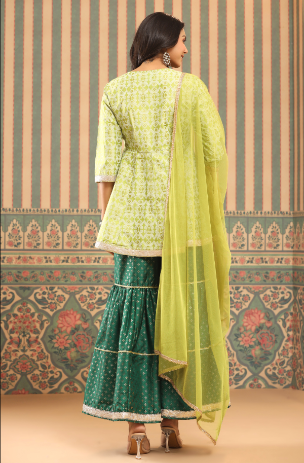 Women's Green Shantoon Slub Foil Printed Kurta, Sharara & Dupatta Set.