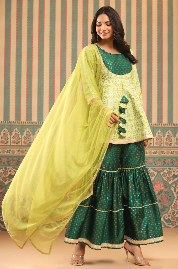Women's Green Shantoon Slub Foil Printed Kurta, Sharara & Dupatta Set.