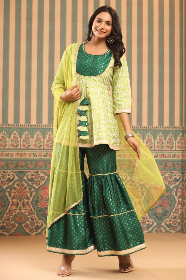 Women's Green Shantoon Slub Foil Printed Kurta, Sharara & Dupatta Set.
