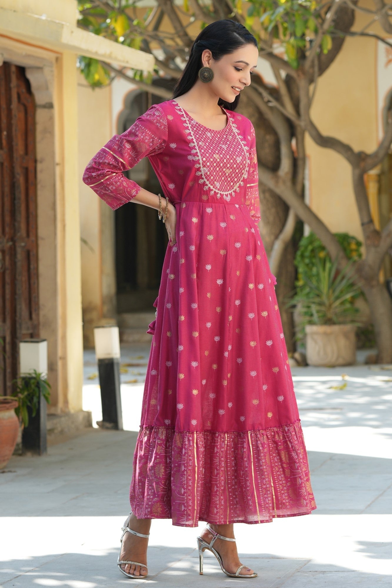 Women's Fuchsia Mono Viscose Foil Printed Dress – Trendia