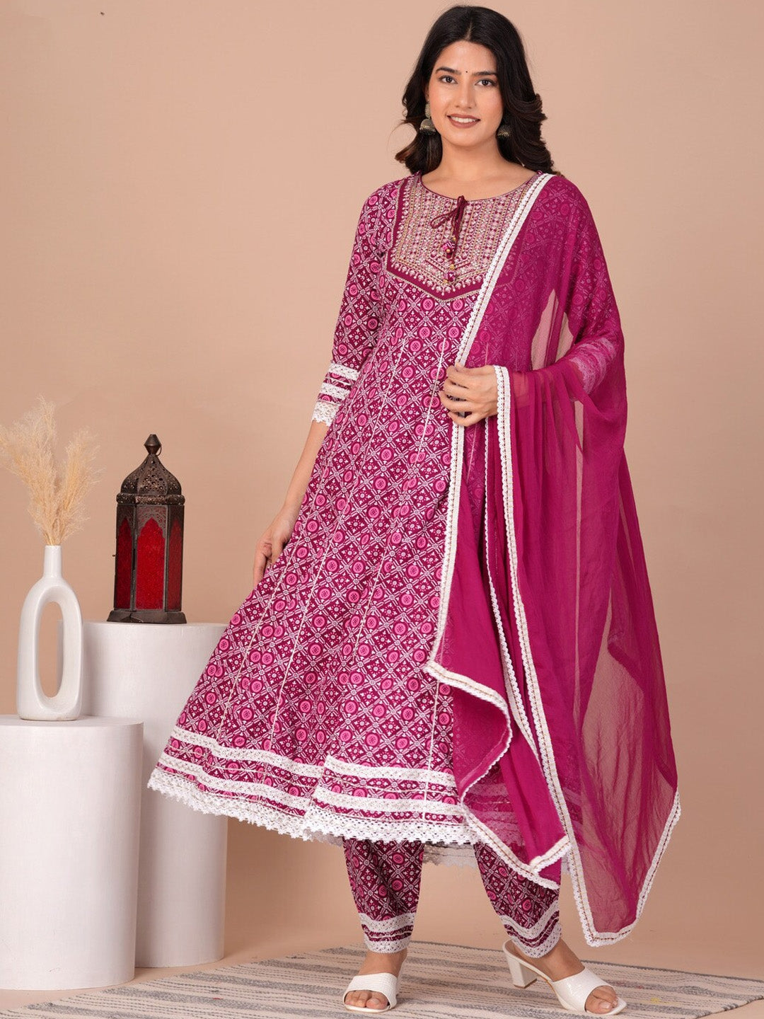 Women's Floral Printed Gotta Patti Anarkali Kurta with Trousers & With Dupatta - Taantav