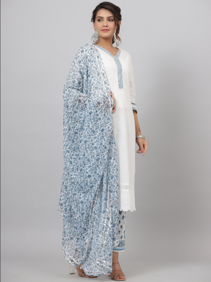 Women's White Cotton Cambric Solid Kurta Floral Printed Pant & Dupatta Set - Juniper