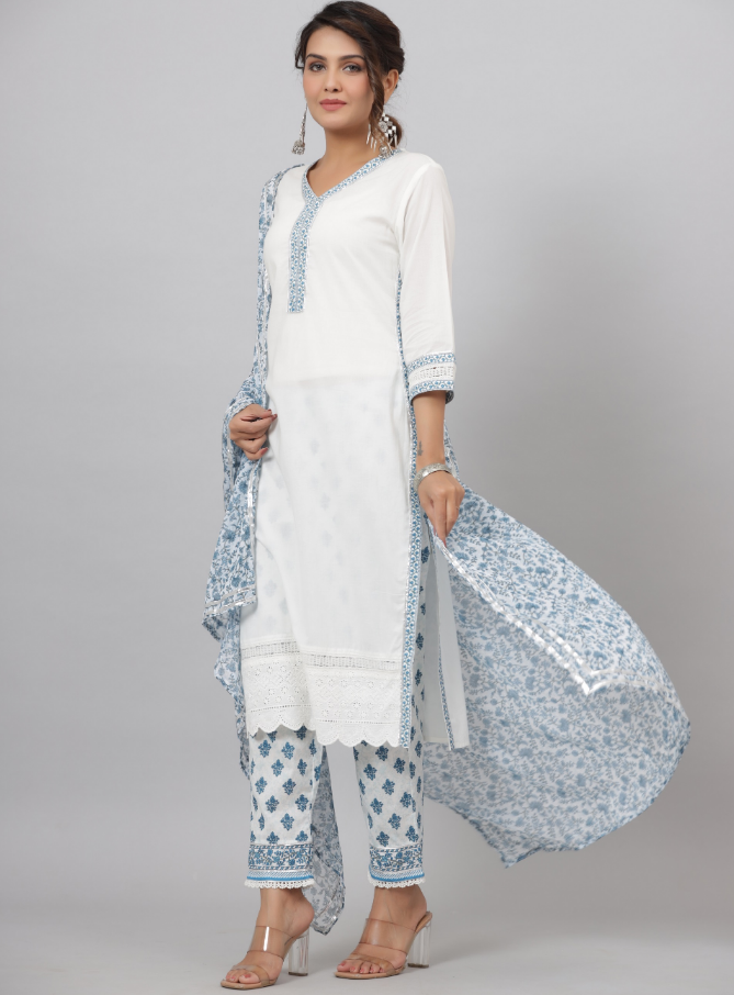 Women's White Cotton Cambric Solid Kurta Floral Printed Pant & Dupatta Set - Juniper