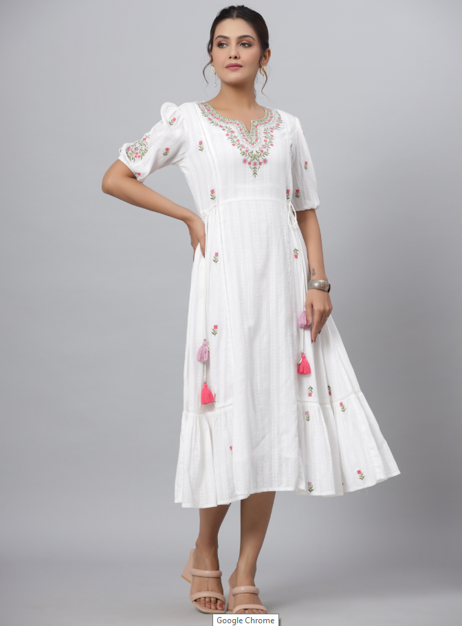 Women's White Cotton Dobby Embroidered Flared Maxi Dress. - Juniper