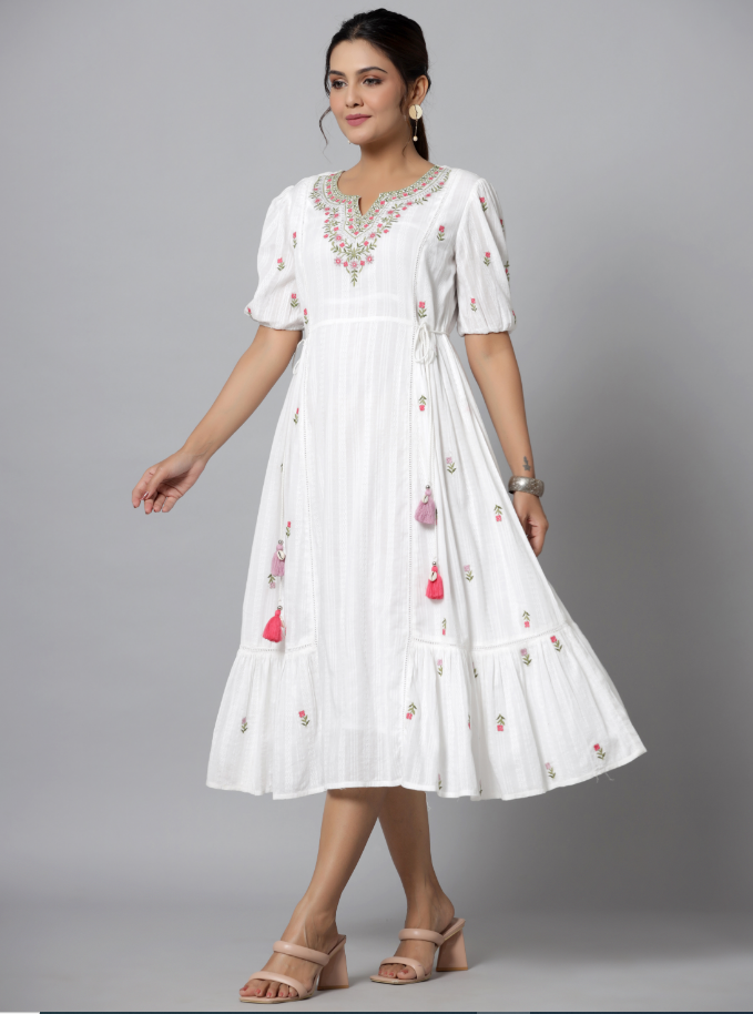 Women's White Cotton Dobby Embroidered Flared Maxi Dress. - Juniper