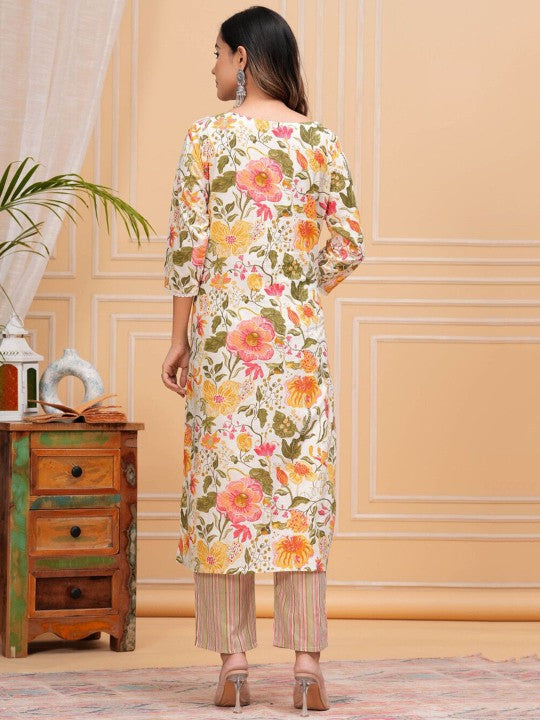 Women's Floral Printed Regular Pure Cotton Straight Kurta with Palazzos & With Dupatta