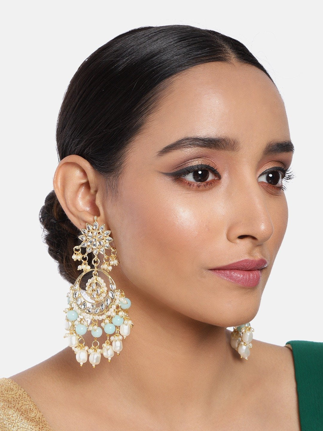 Women's  Gold Plated Turquoise Handcrafted Pearl Kundan Beaded Chandbali Earrings