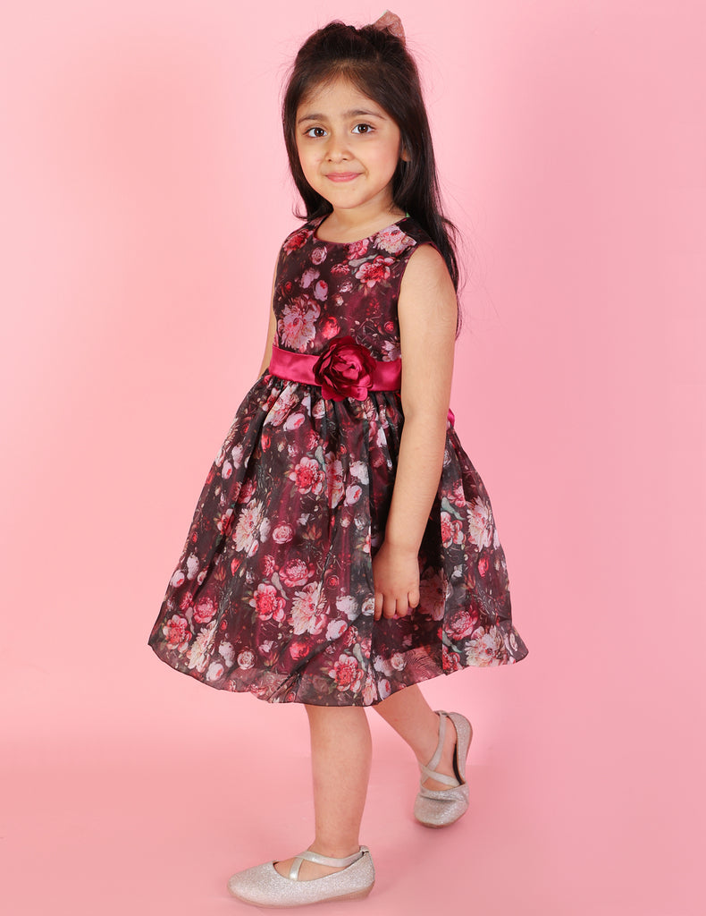 Girl's Stylish Floral Print Ballon Dress-Black