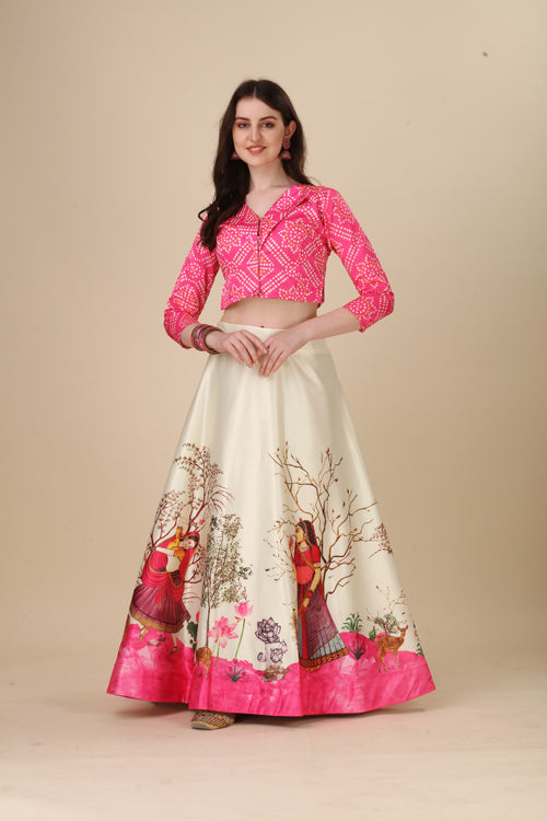 Women's Ethnic Motifs Digital Print Shiney Satin Croptop Lehenga Choli With Unstitched Blouse