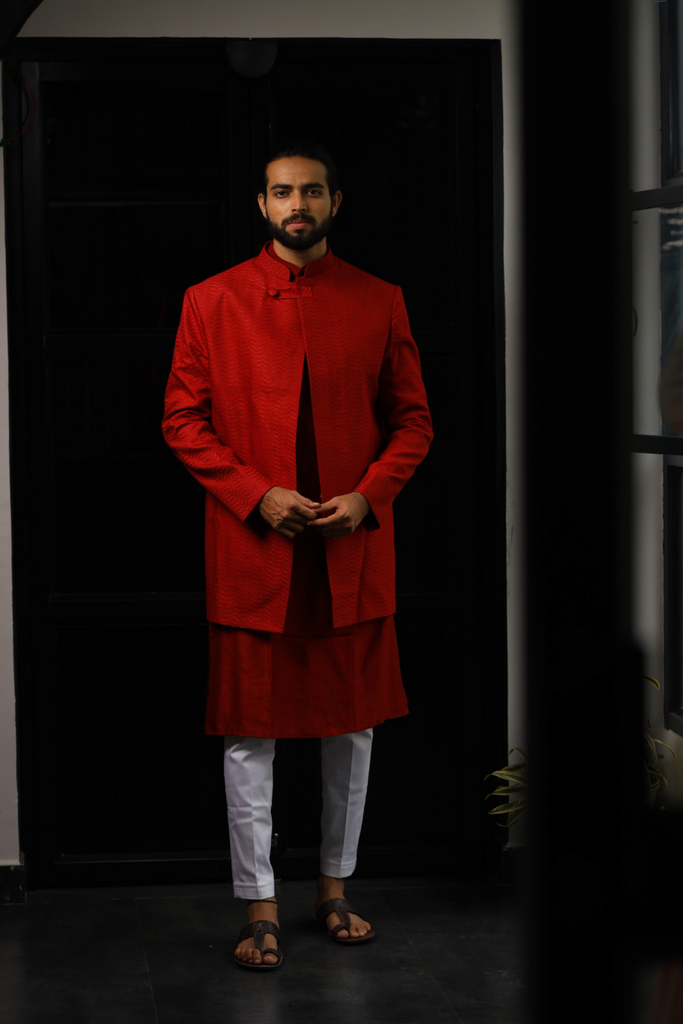 Men's Red Color Indo-Western Suit