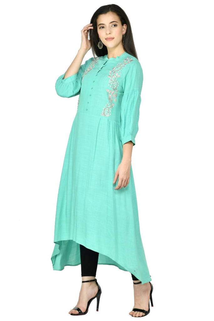 Women's Sea Green Cotton Rayon Embroidery Kurta Set