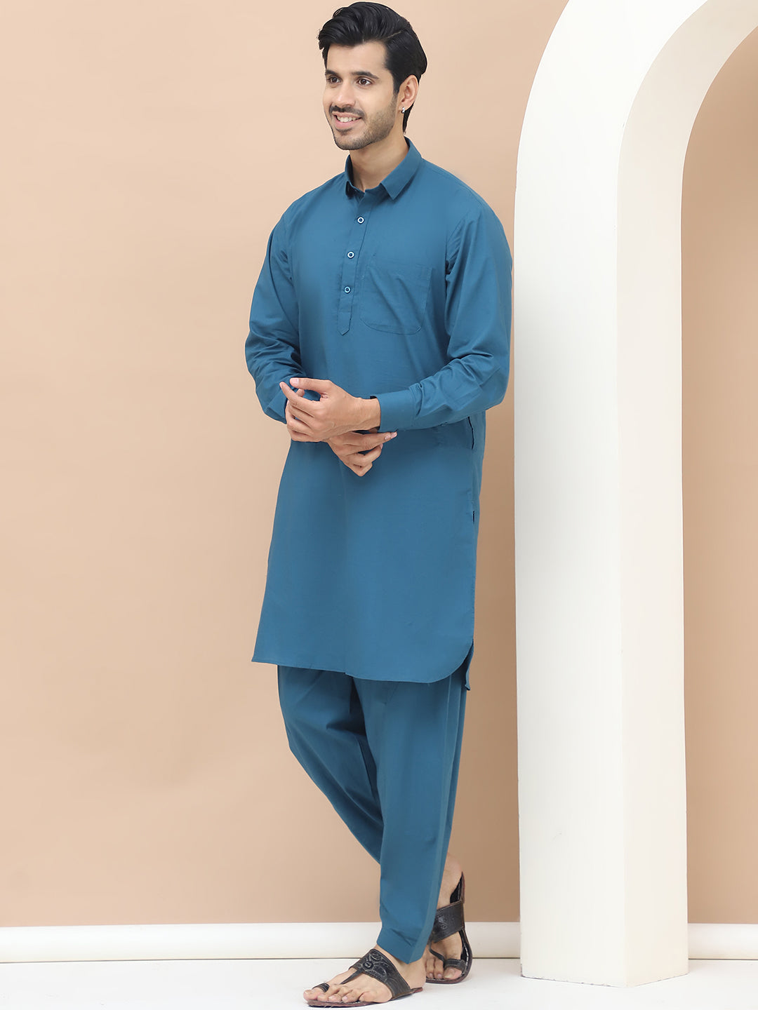 Men's  Teal Cotton Solid Kurta Set - Grage