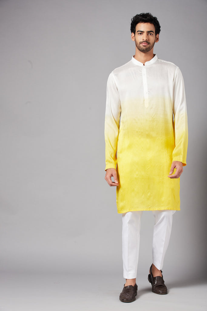 Men's White & Yellow Colorwhillombre Semi Raw Silk Mix
