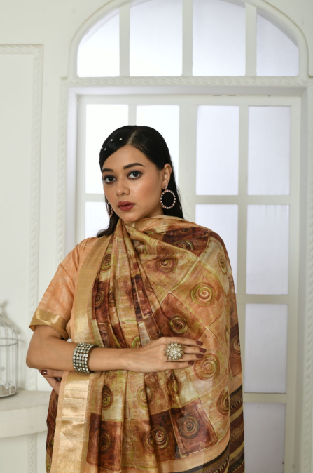 Women's Yellow Printed Cotton Silk Saree with Tassels - Vishnu Weaves