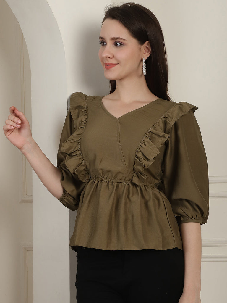 Women's Brown Solid Women's Top With Frills