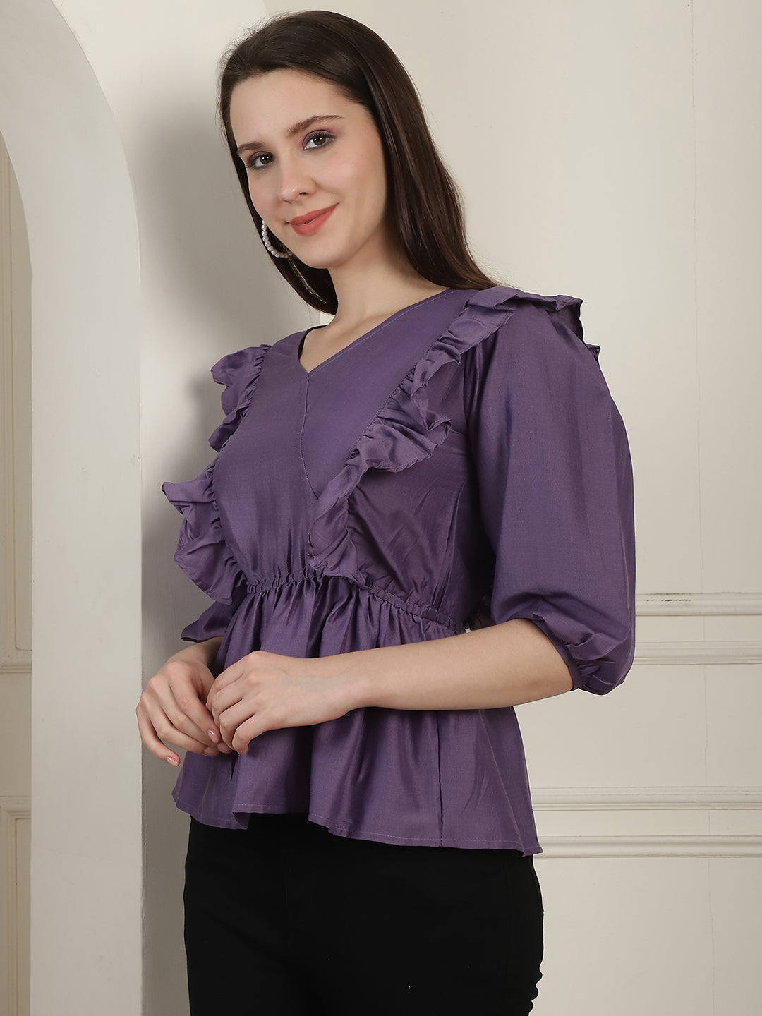 Women's Purple Solid Women's Top With Frills - Taantav