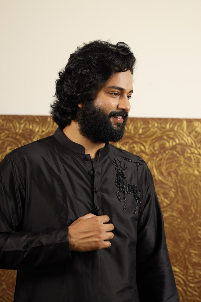 Men's Black Color Solid Black Reindeer Embroidered Kurta Dupion Silk