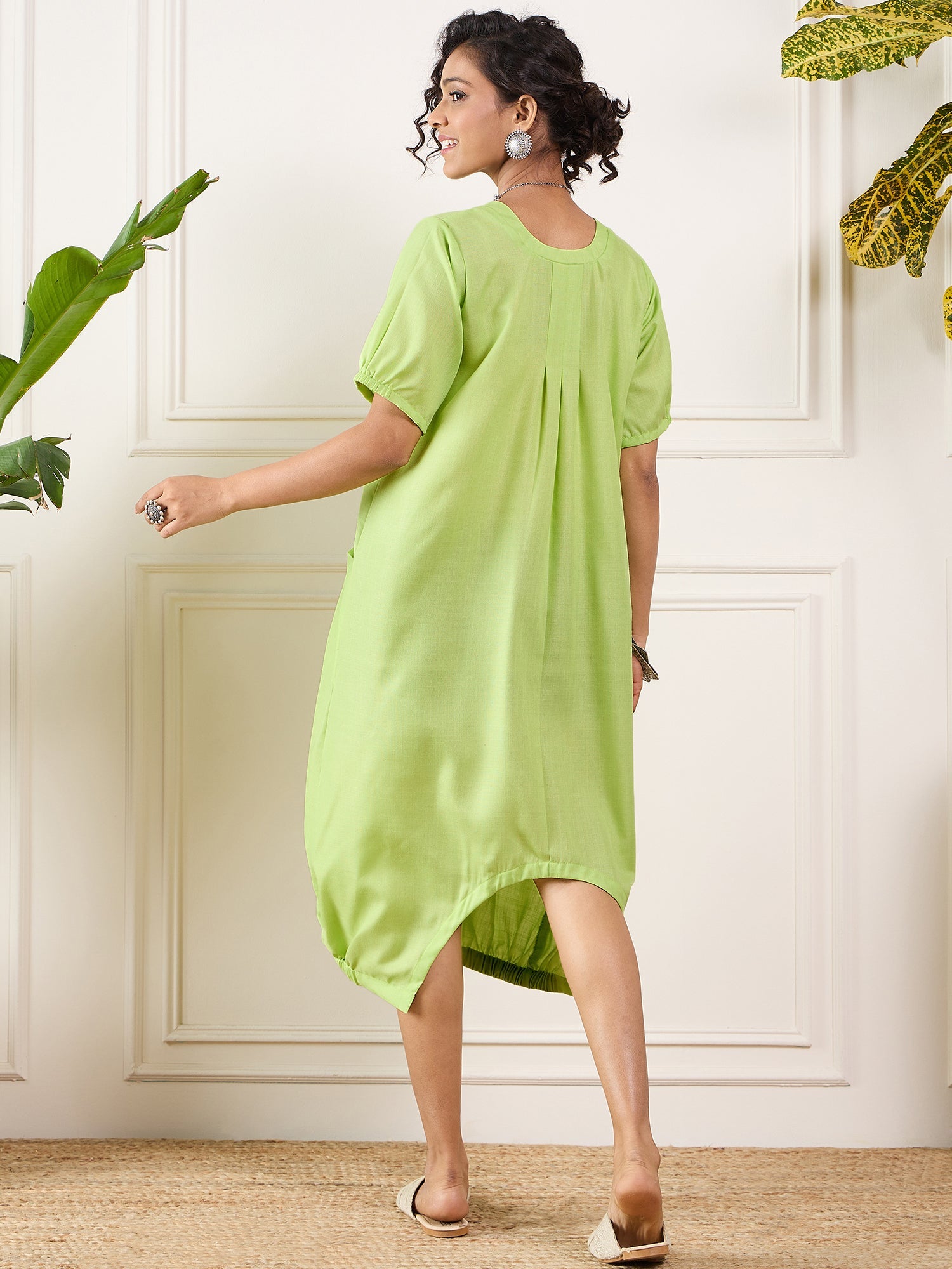 Women's Neon Green Round Neck Short Balloon Dress - InWeave