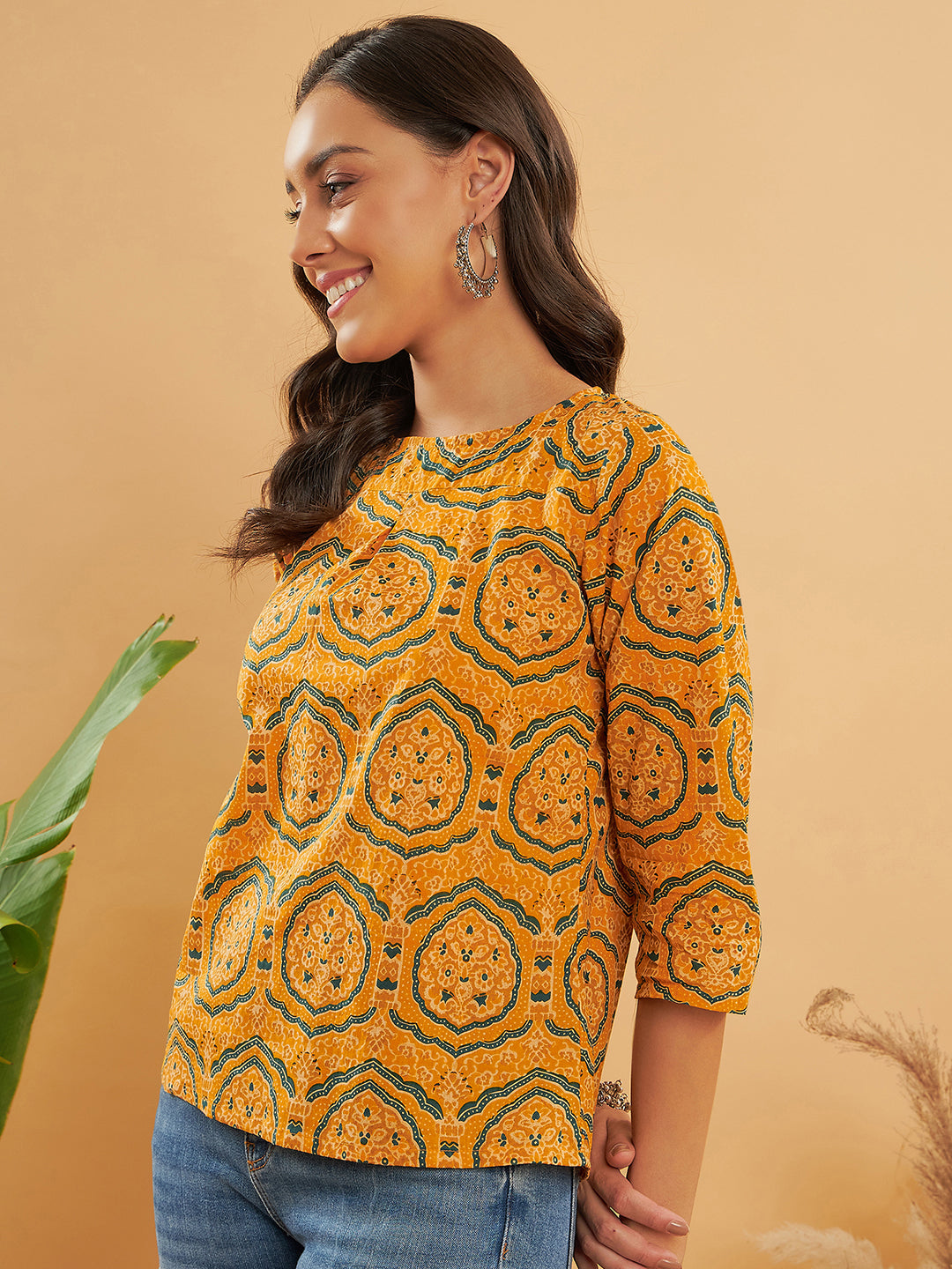 Women's Haldi Yellow Mughal Kalamkari Top - InWeave