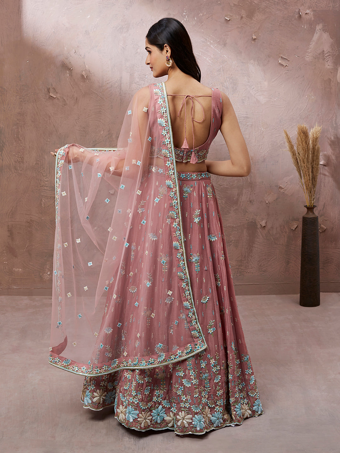 Women's Coral Pure Georgette Sequins With Heavy Zarkan Embroidery Ready To Wear  Lehenga Choli & Dupatta - Royal Dwells