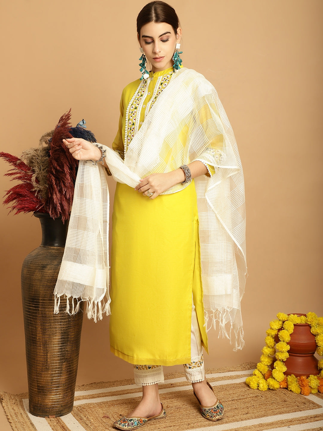 Women's Lemon Yellow Chanderi Trouser Dupatta Set - Taantav