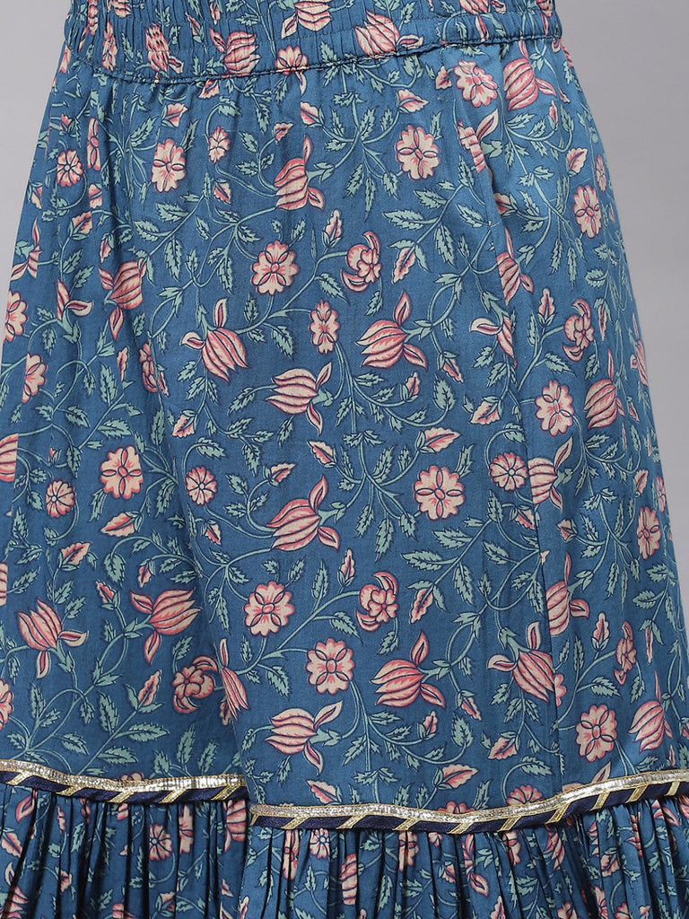 Women's Maroon & Blue Anarkali Kurta Sharara Set with Dupatta
