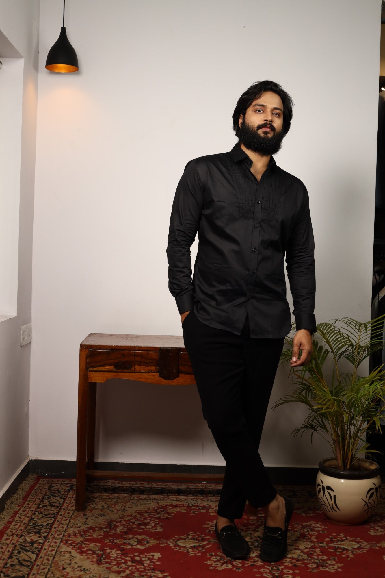 Men's Black Color Black Pintuck Shirt Full Sleeves Shirt - Hilo Design