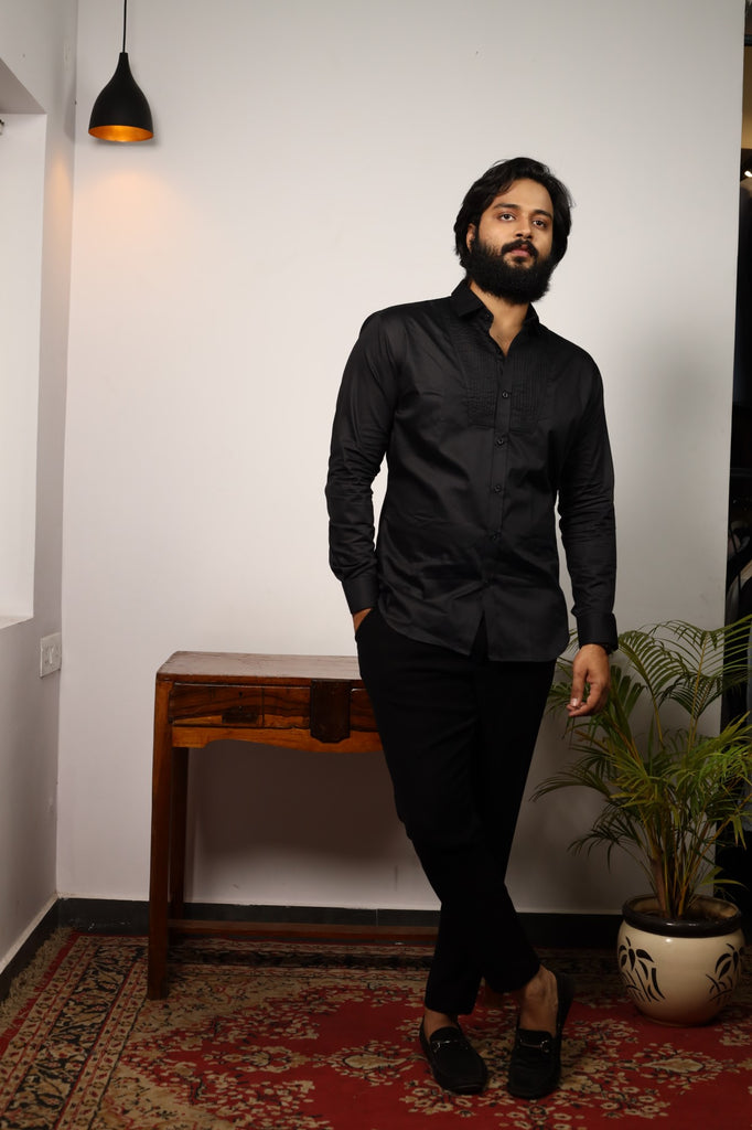 Men's Black Color Black Pintuck Shirt Full Sleeves Shirt