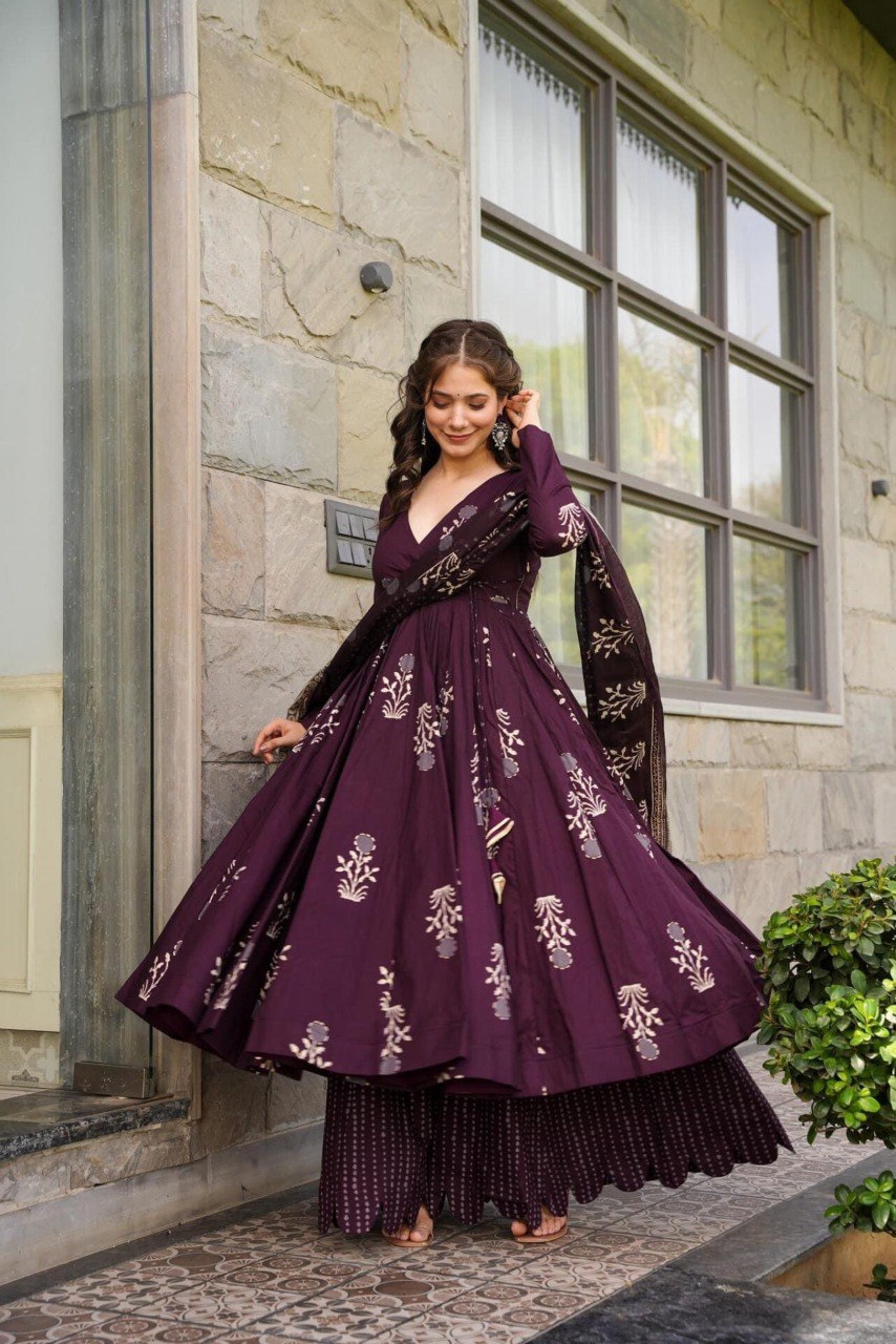 Women's Wine Maslin  Digital Print  Anarkali Set - Yash Enterprise