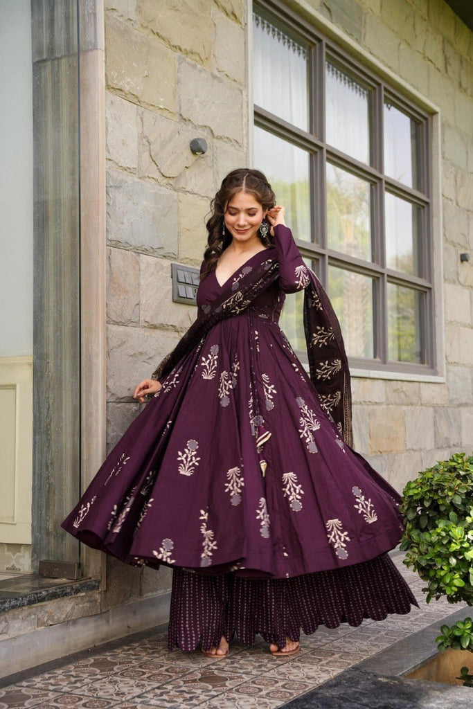 Women's Wine Maslin  Digital Print  Anarkali Set