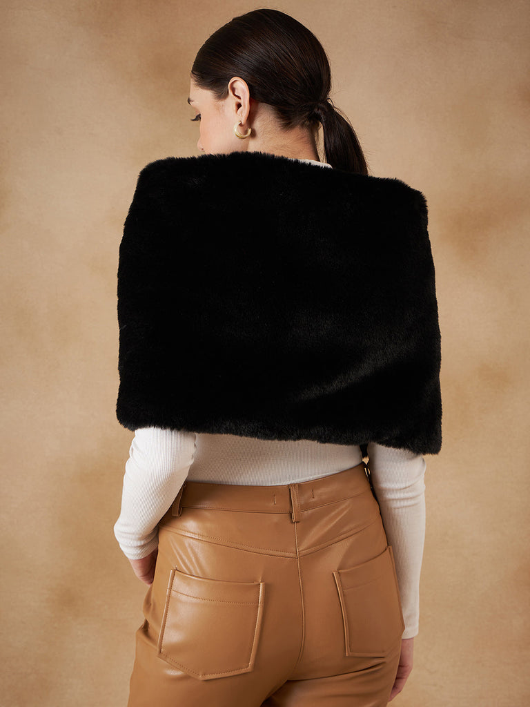 Women's Black Long Faux Fur Cape