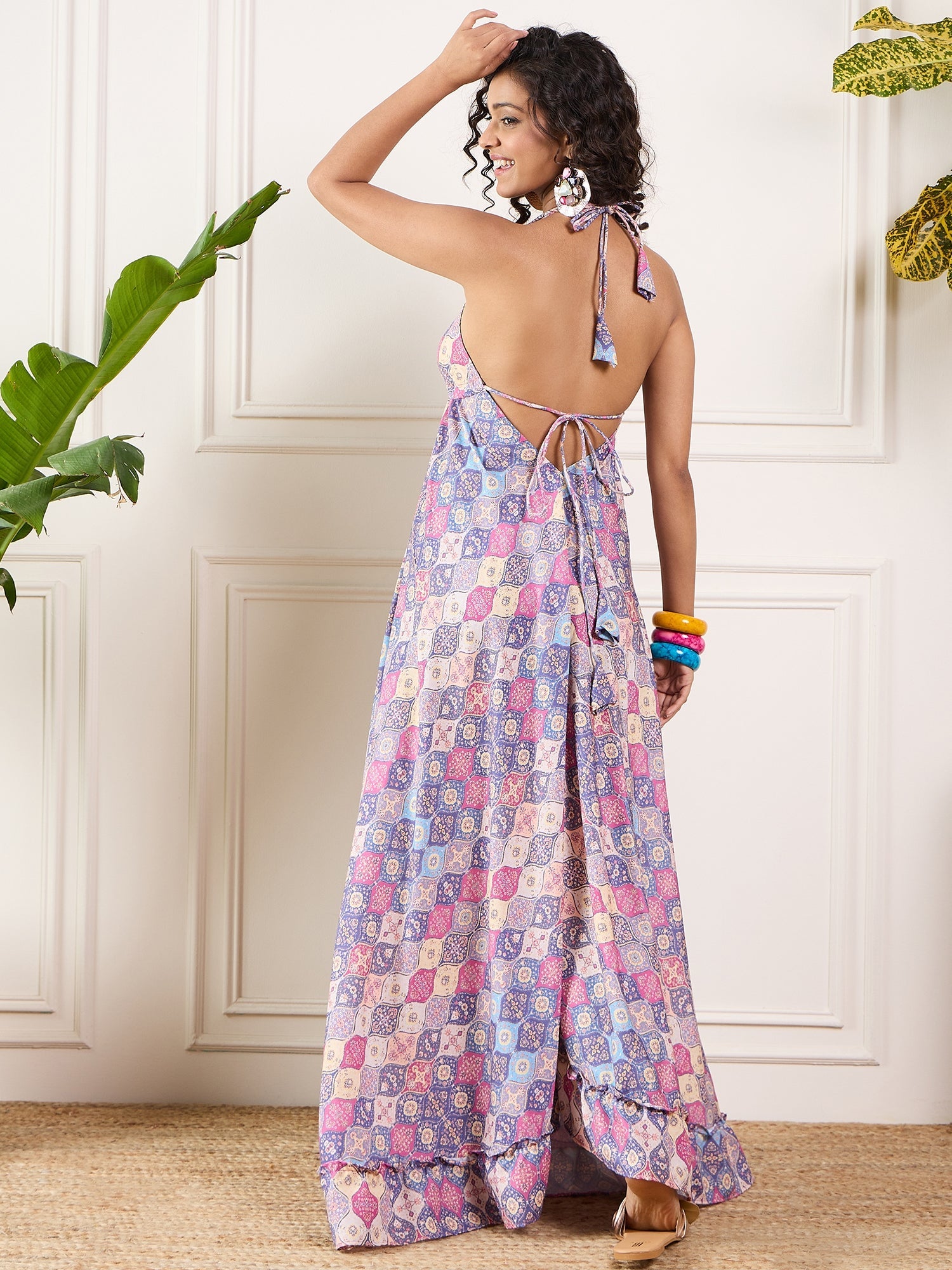 Women's Purple Magenta Ogee Print Neck Long Backless Dress - InWeave