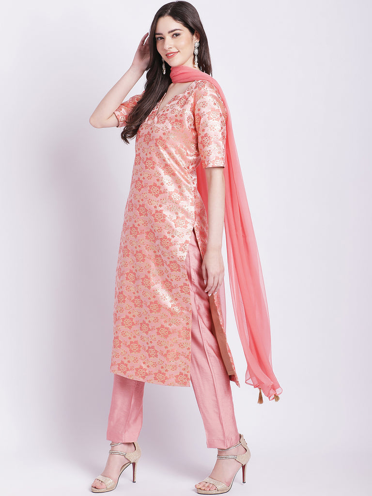 Women's Peach Banarsi Straight Kurti With Pants And Chiffon Dupatta