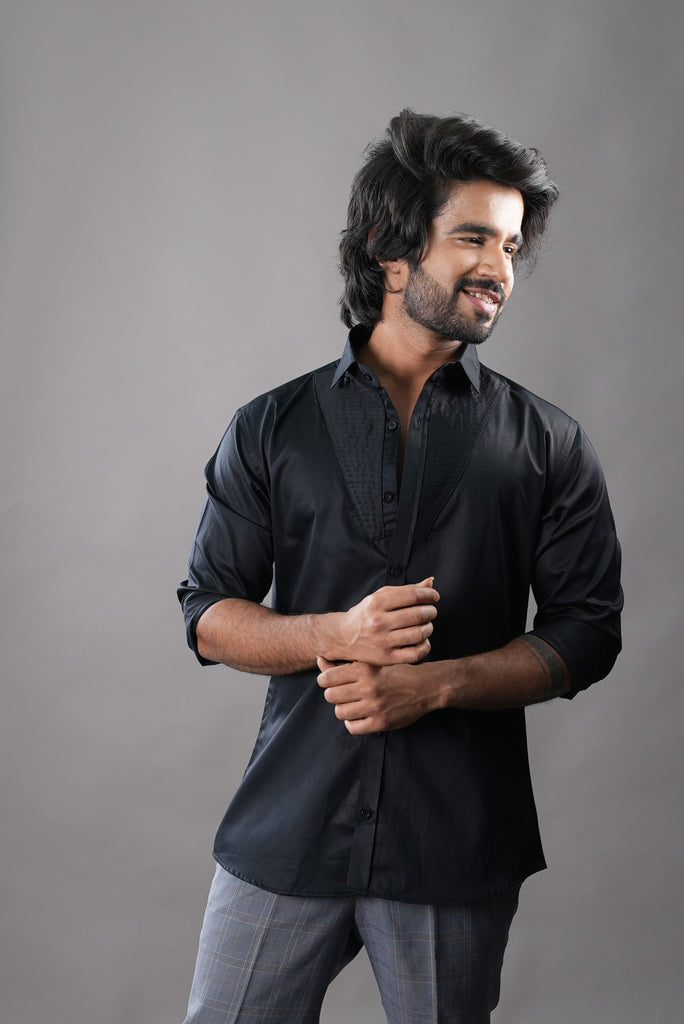 Men's Black Color V Pintuck Full Sleeves Casual Shirt