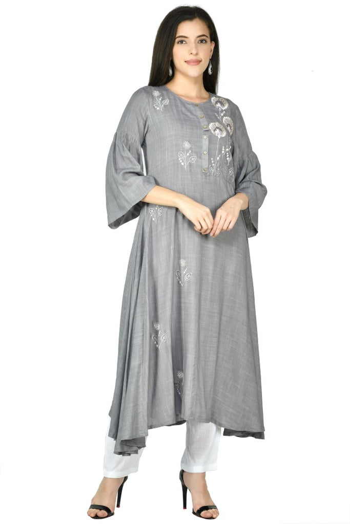 Women's Grey Cotton Rayon Embroidery Kurta Set