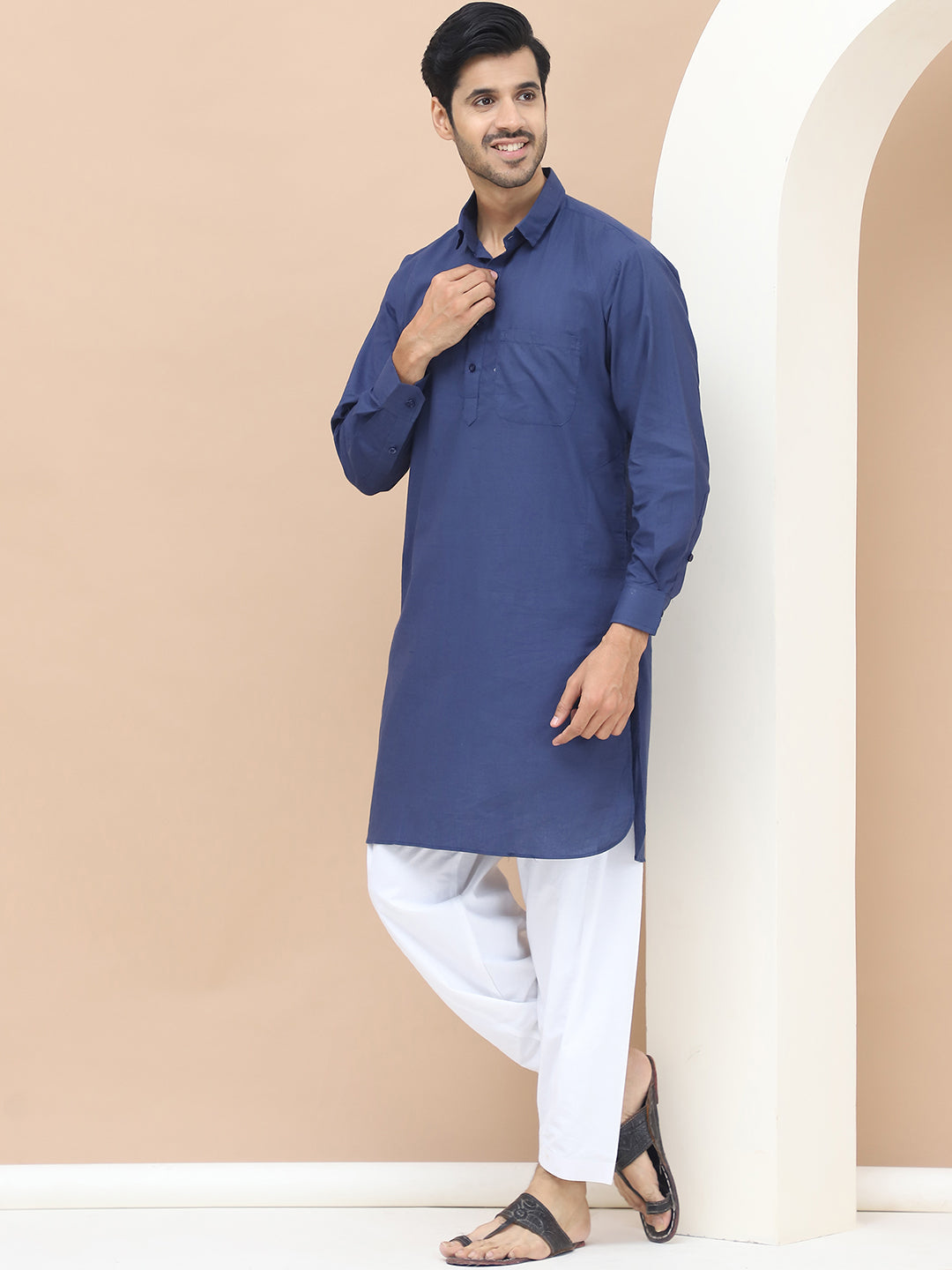 Men's  Blue Cotton Solid Kurta Set - Grage