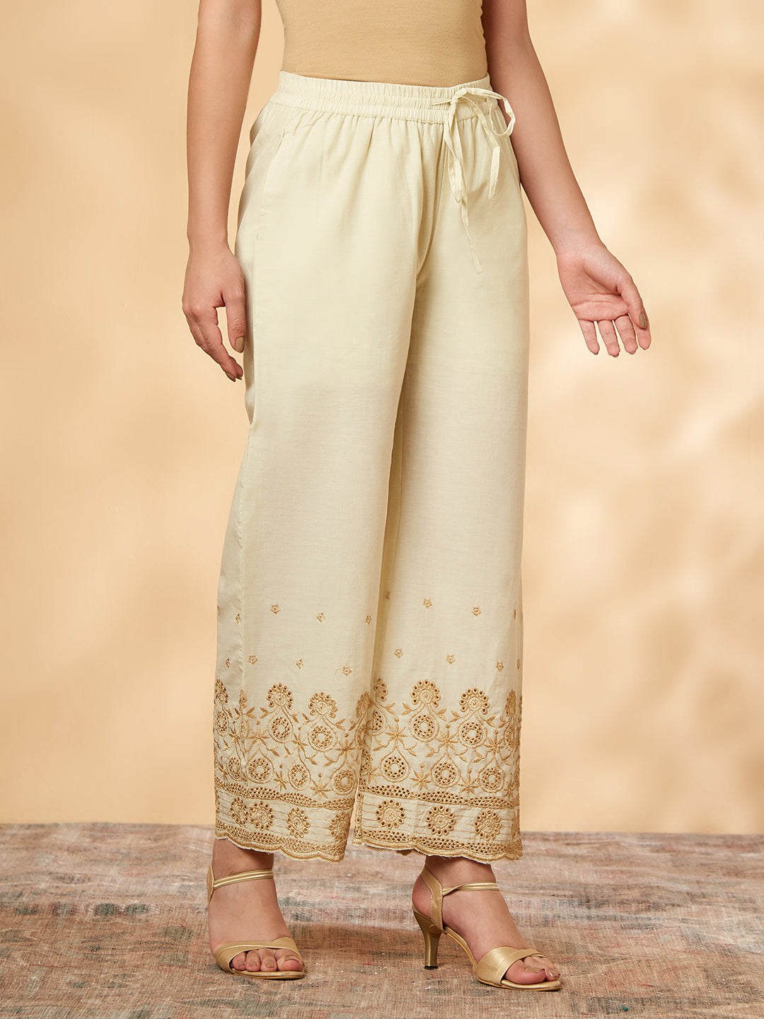 Women's Off-White Cutwork Flared Bottom