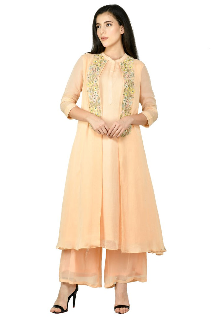 Women's Peach Viscose Embroidery Kurta Set