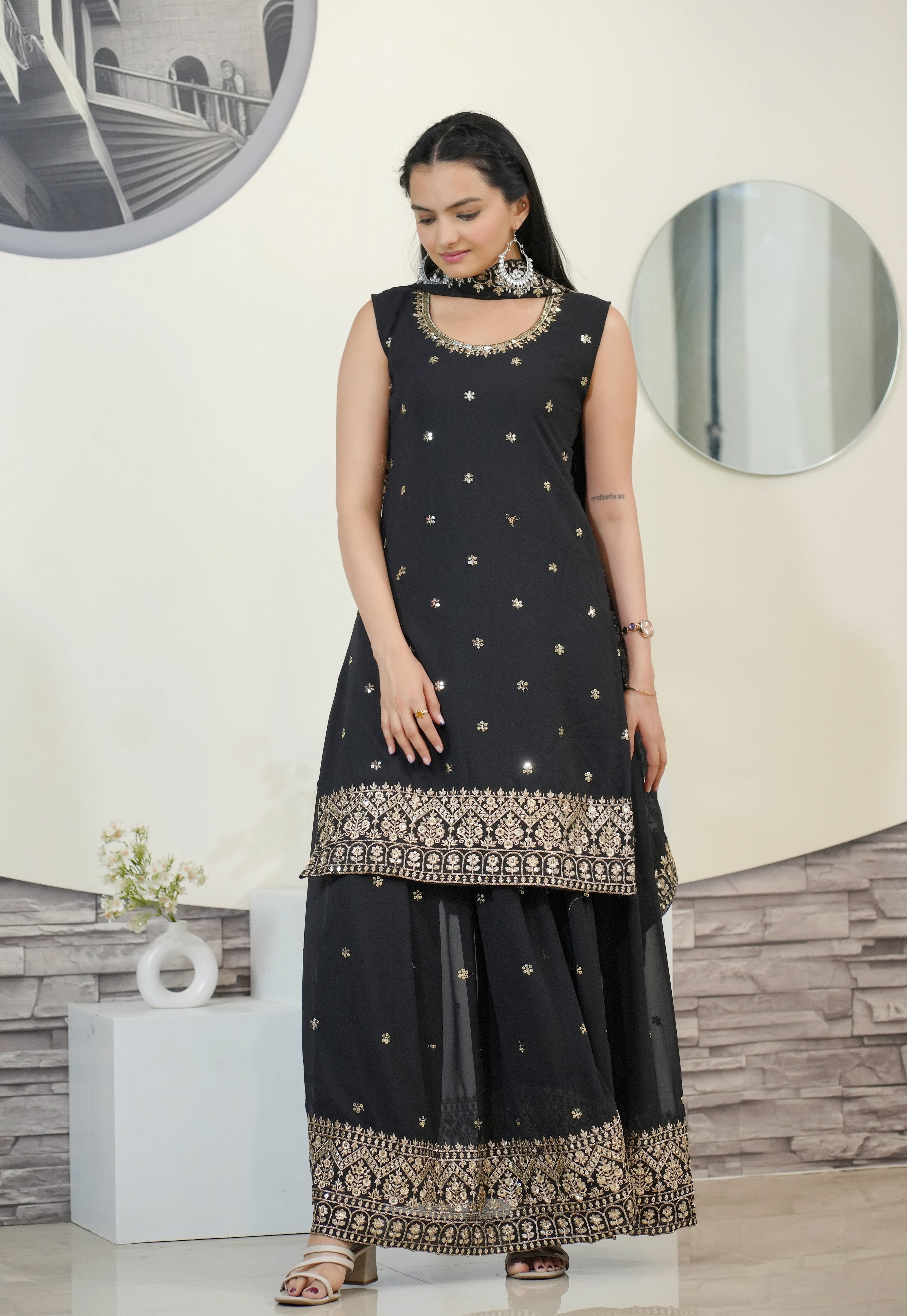 Women's Black Georgette Embroidery Sharara Set - Harvi Trendz