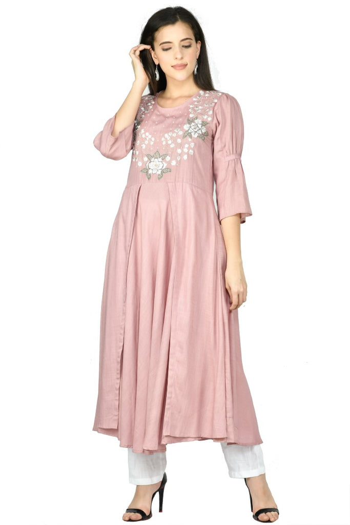 Women's Rose Gold Cotton Rayon Embroidery Kurta Set