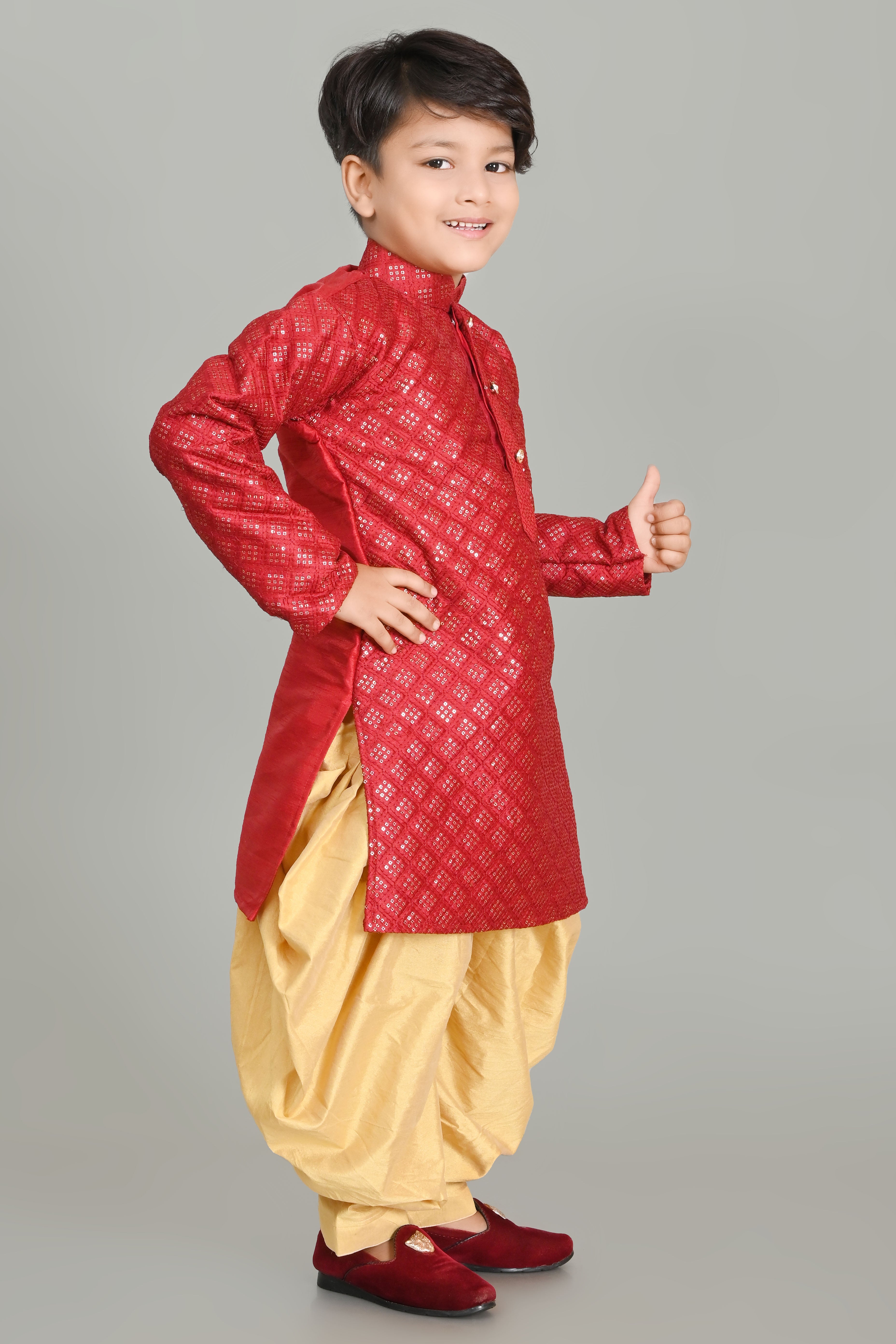 Boy's Dupion Silk  Embroidery & Sequins Work Kurta And Patiyala Set - Nfc Creation