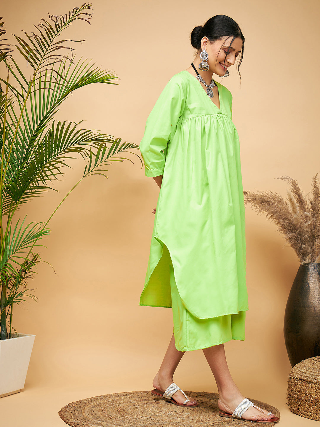 Women's Lime Green Flared Kurta Palazzo Set - InWeave