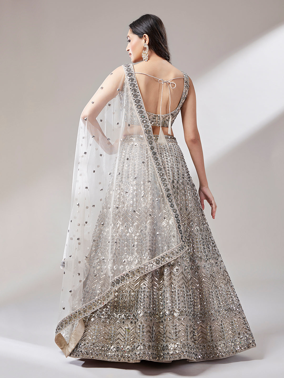 Women's Beige - Net Mirror & Sequins Embroiderey Ready To Wear  Lehenga Choli - Royal Dwells