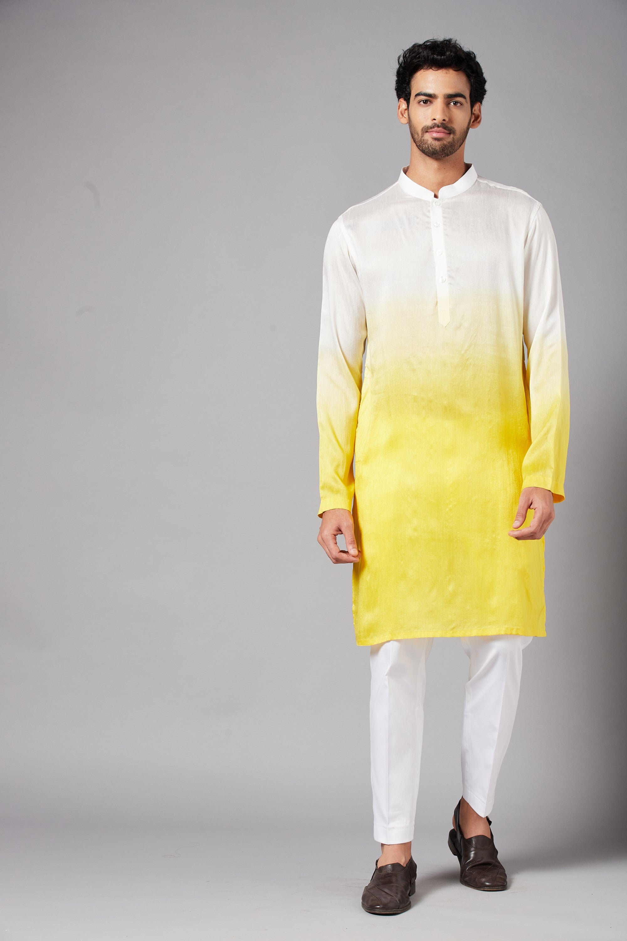 Men's White & Yellow Colorwhillombre Semi Raw Silk Mix