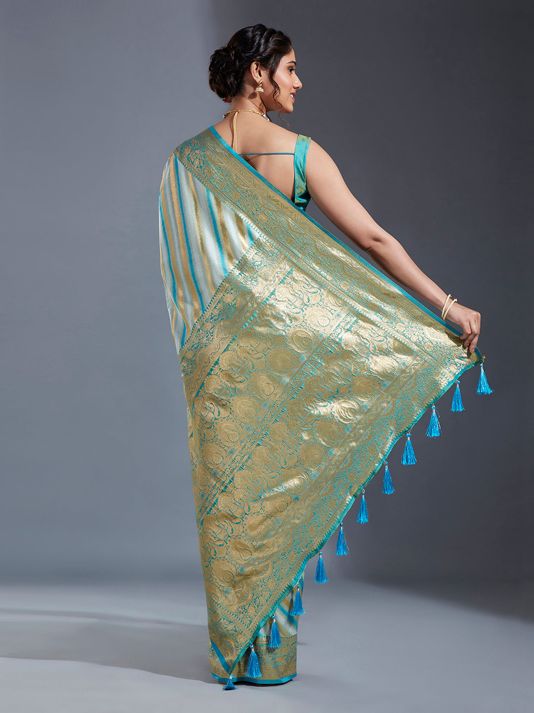 Women's Turquoise Blue & Gold Satin Paisley Zari With Beautiful Leheriya Banarasi Saree - Royal Dwells