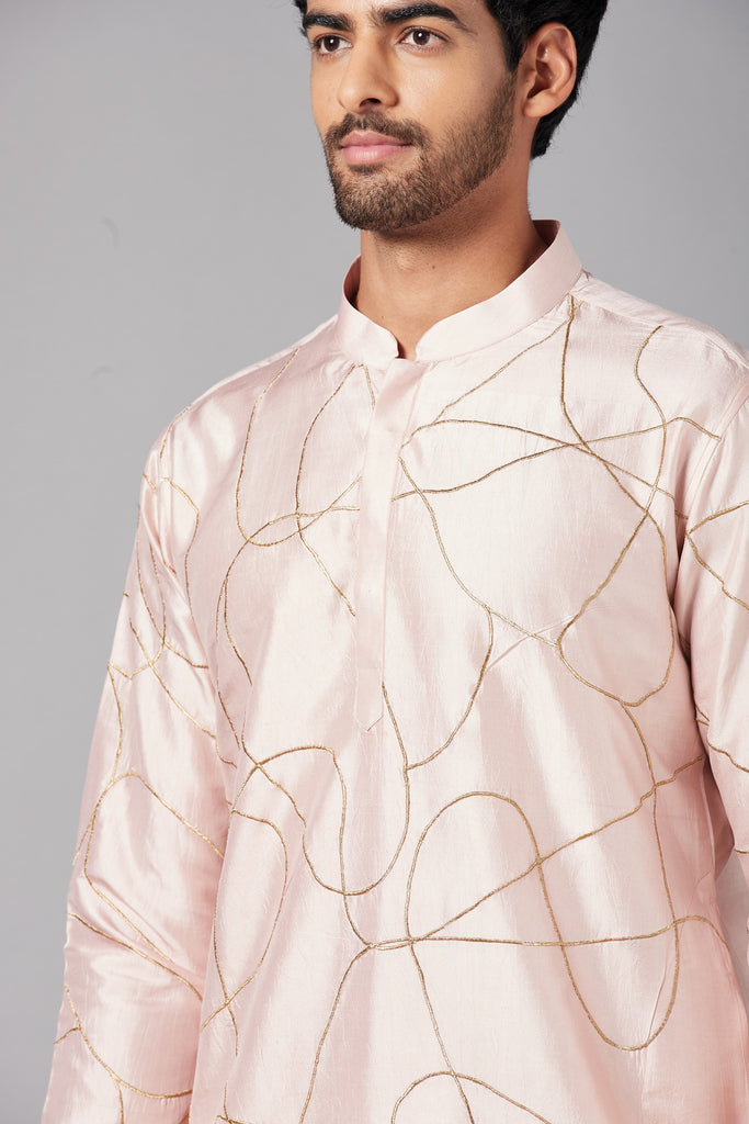 Men's Peach Color Ilara Gold Zari Abstarct Embroidered Kurta Dupion