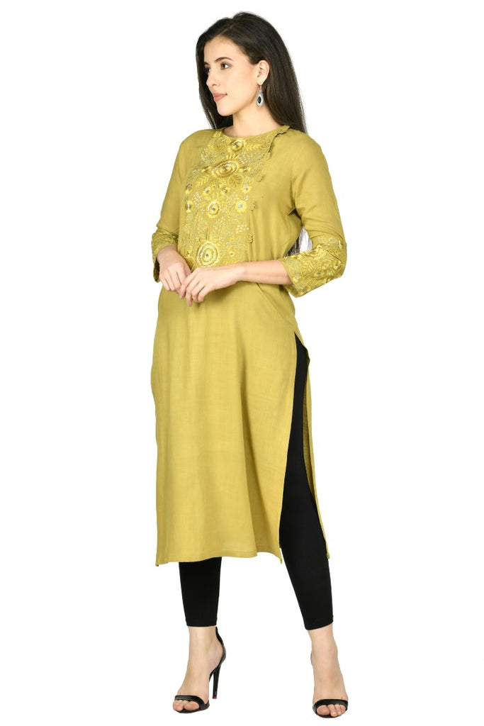 Women's Mehendi Cotton Rayon Embroidery Kurta Set
