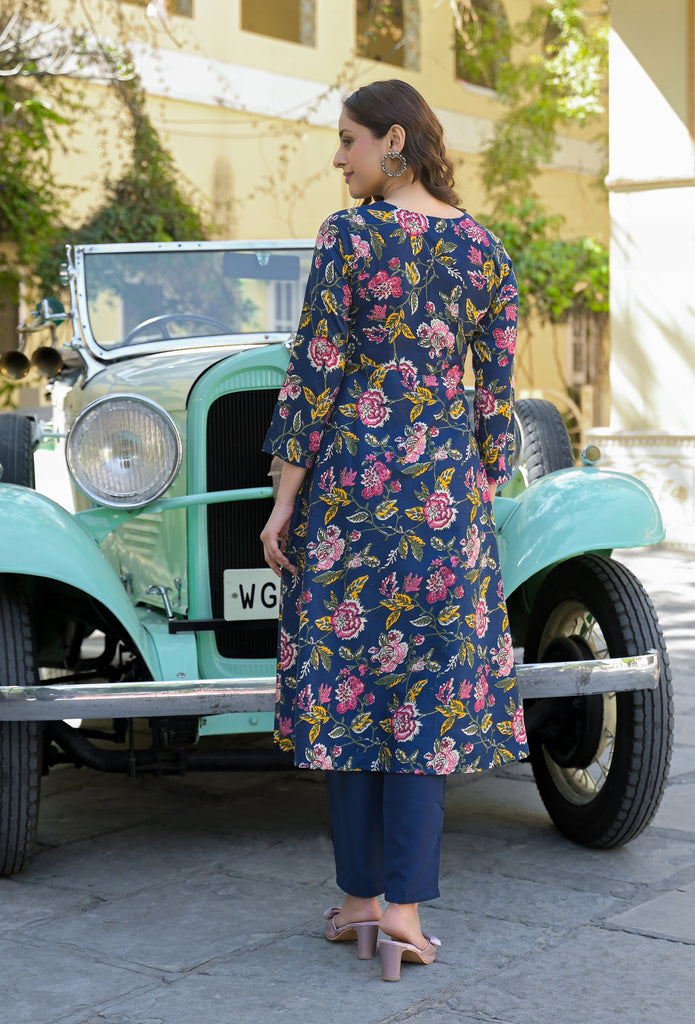 Women's Viscose Blue Anarkali Kurta And Pant Set With Dupatta